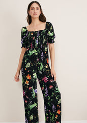 Zaylah Floral Shirred Waist Jumpsuit - Black