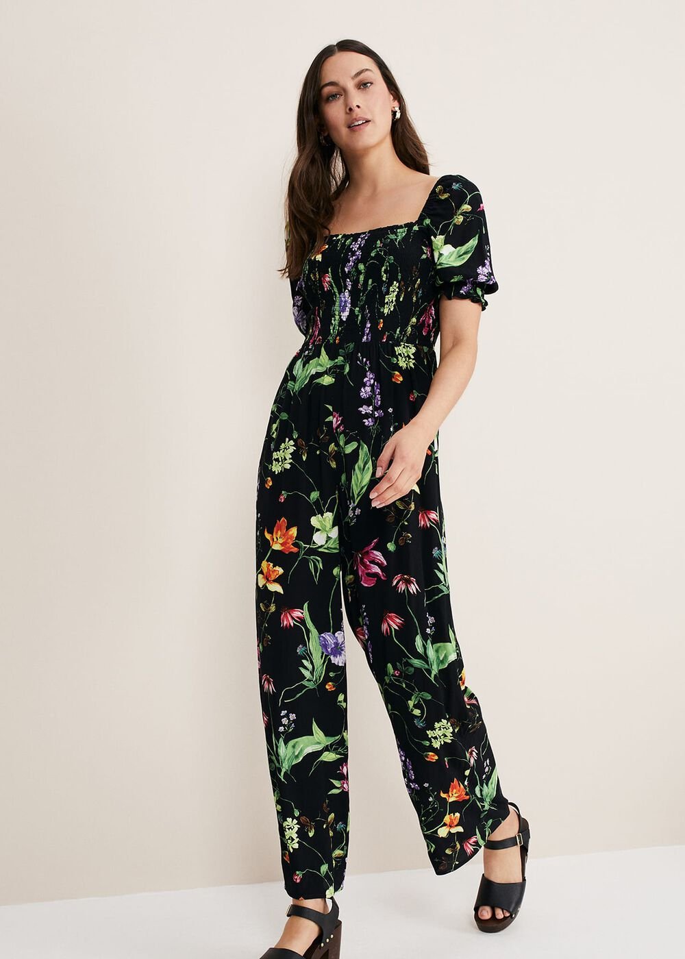 Zaylah Floral Shirred Waist Jumpsuit - Black