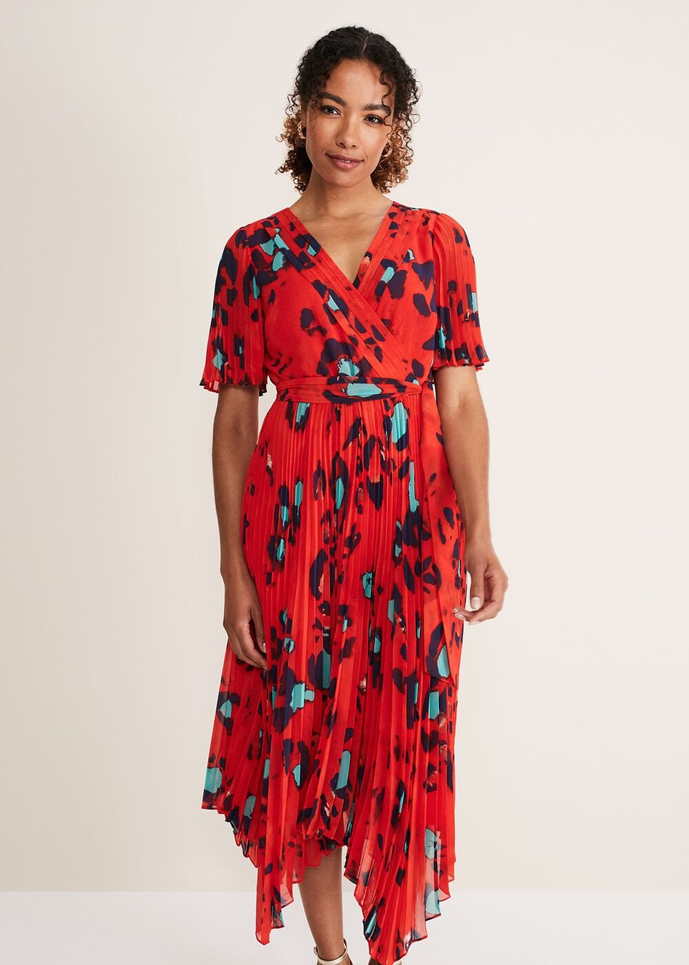 Kendall Butterfly Print Pleated Midi Dress - Vermillion/multi