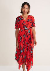 Kendall Butterfly Print Pleated Midi Dress - Vermillion/multi