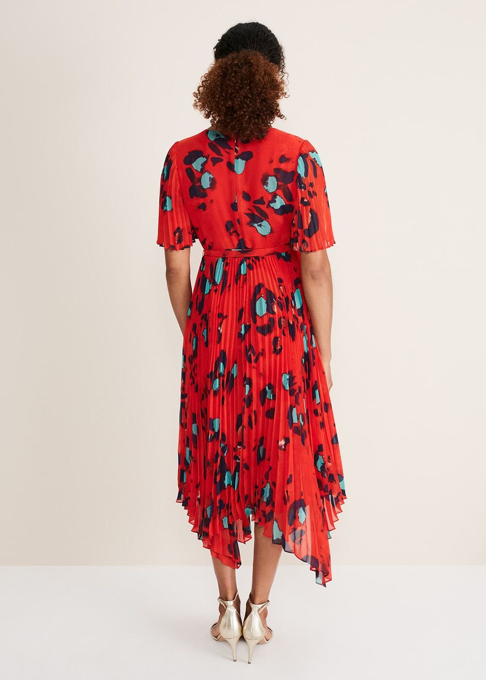 Kendall Butterfly Print Pleated Midi Dress - Vermillion/multi