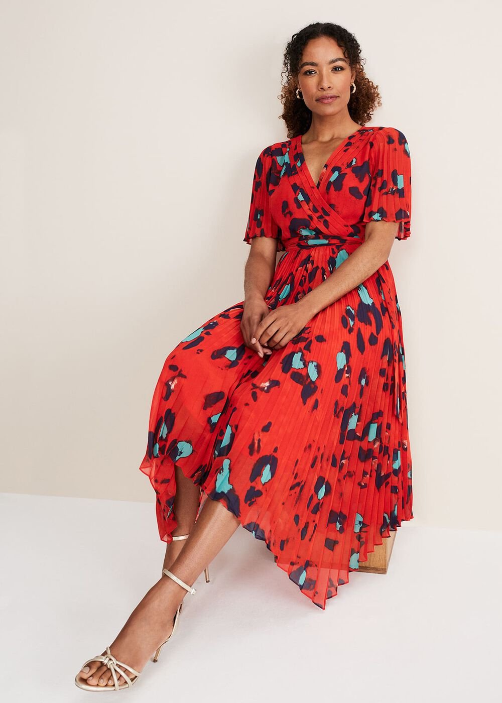 Kendall Butterfly Print Pleated Midi Dress - Vermillion/multi