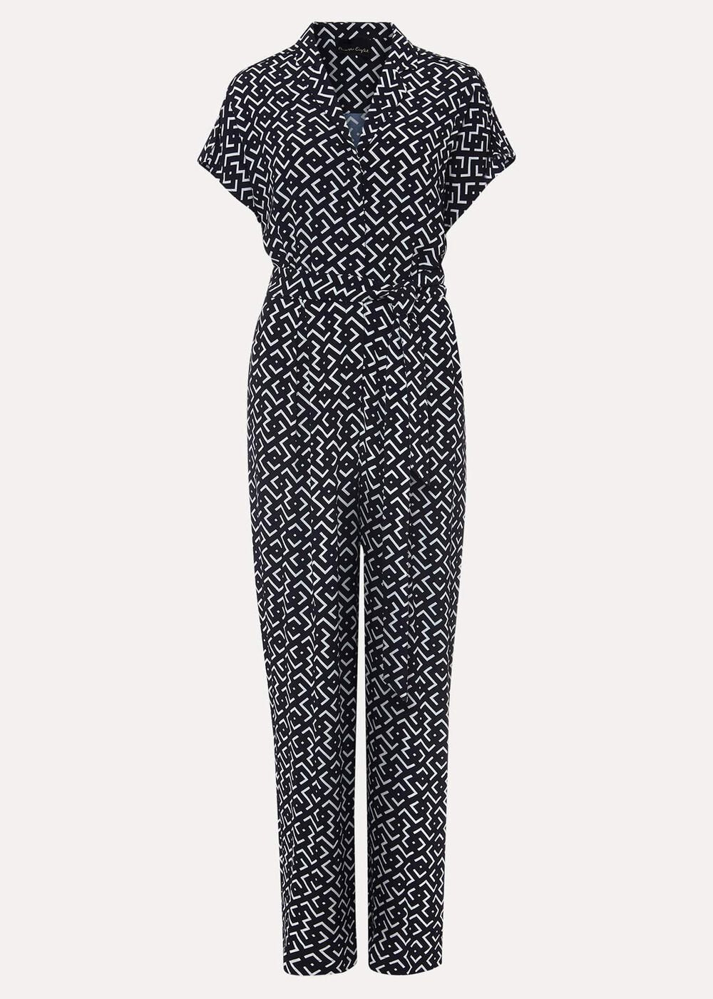 Paige Abstract Print Wide Leg Jumpsuit - Navy/Ivory