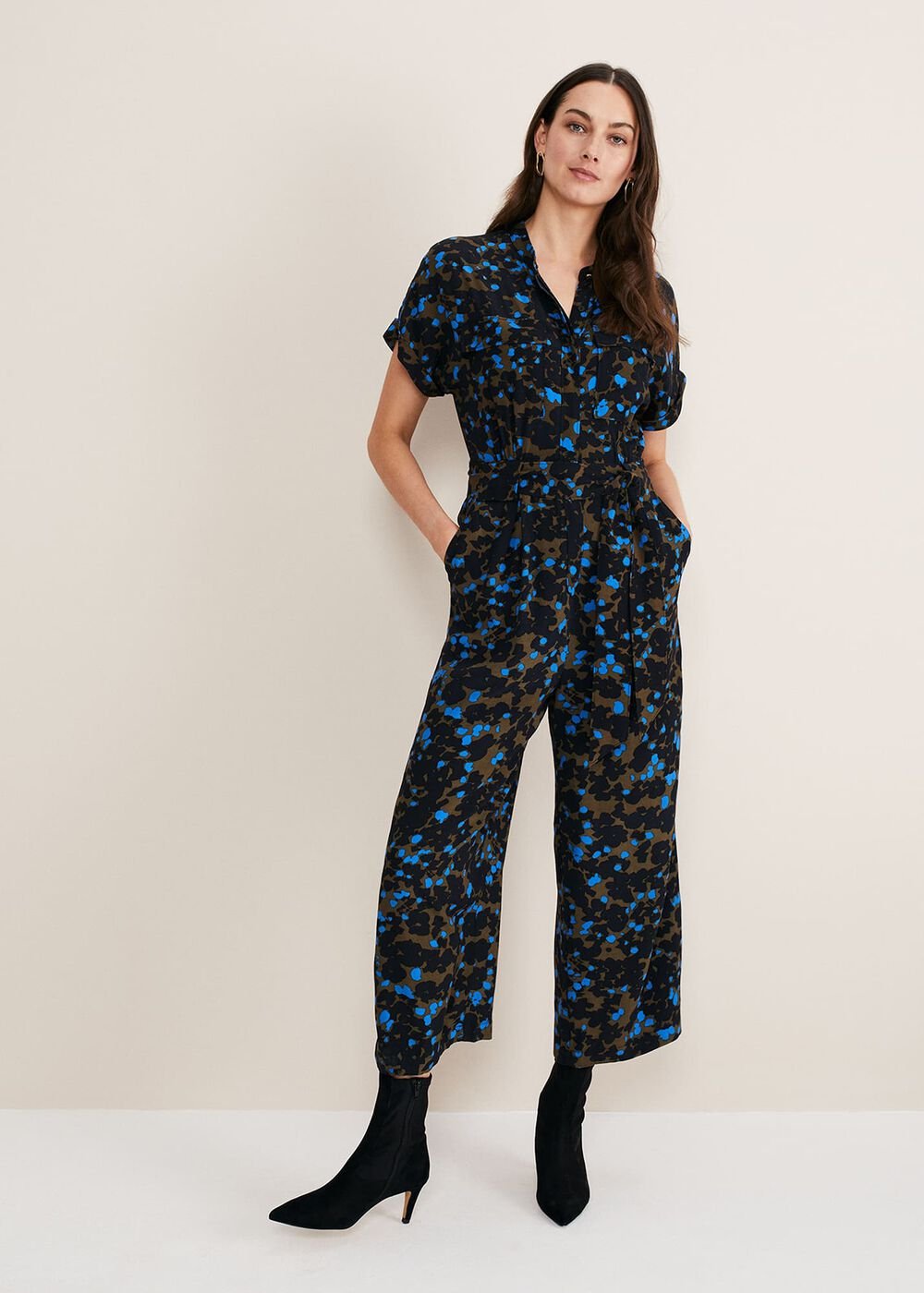 Nell Floral Wide Leg Jumpsuit - Khaki/Blue