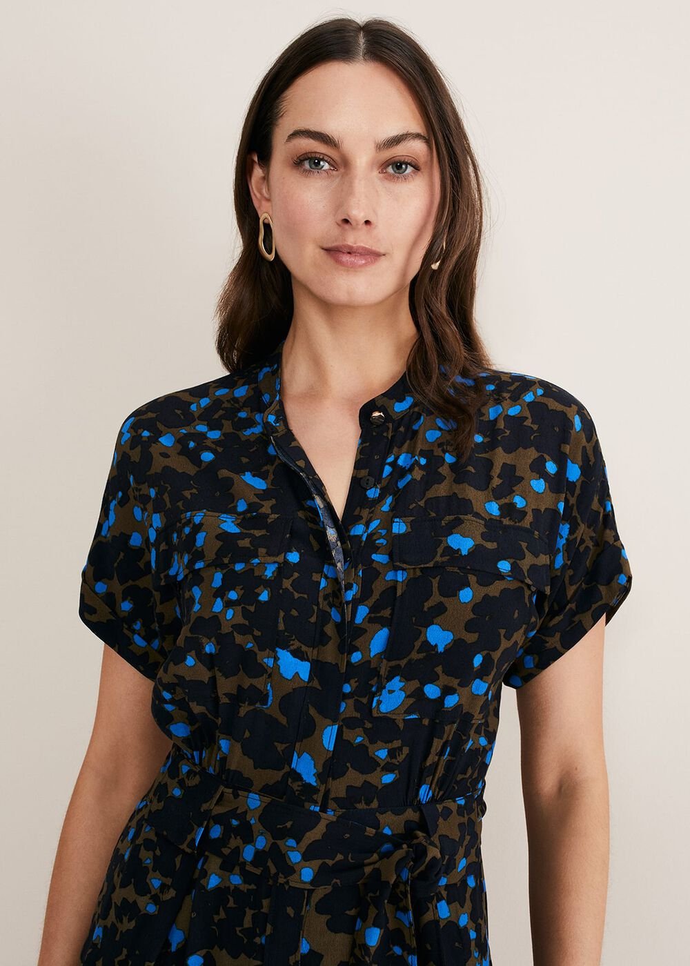 Nell Floral Wide Leg Jumpsuit - Khaki/Blue