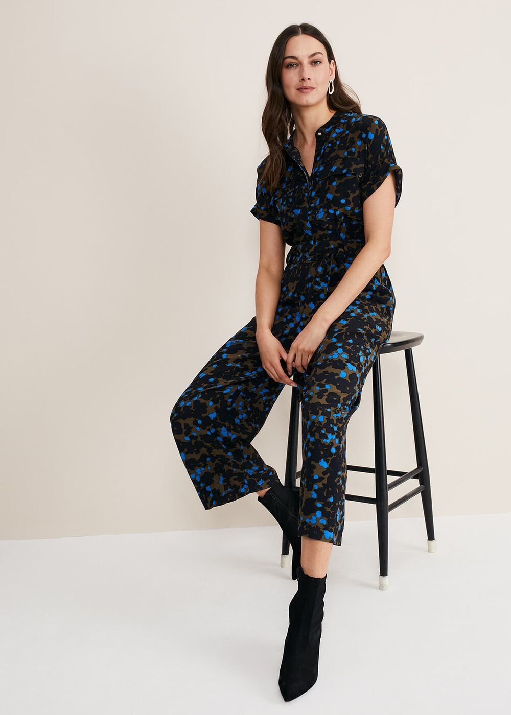 Nell Floral Wide Leg Jumpsuit - Khaki/Blue