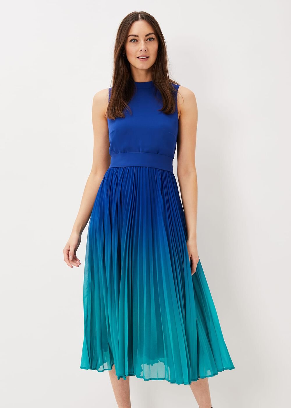 Cobalt Blue Ombre Midi Dress with Pleated Skirt - Cobalt/Malachite