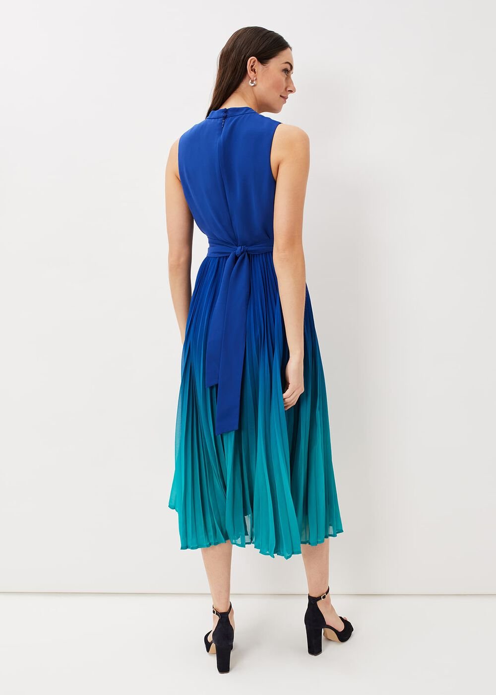 Cobalt Blue Ombre Midi Dress with Pleated Skirt - Cobalt/Malachite