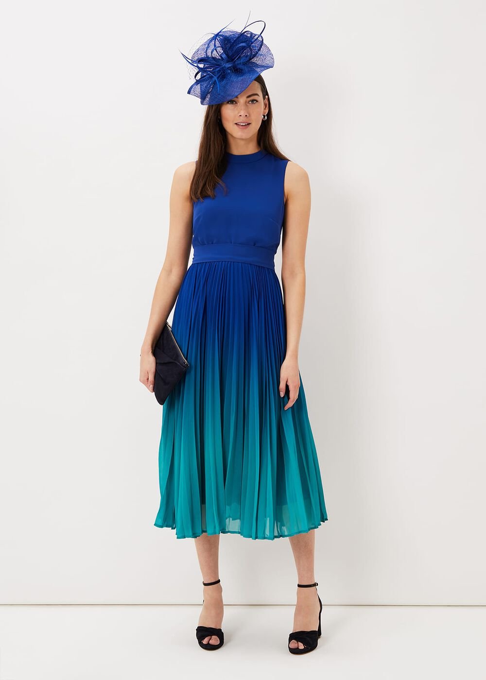 Cobalt Blue Ombre Midi Dress with Pleated Skirt - Cobalt/Malachite