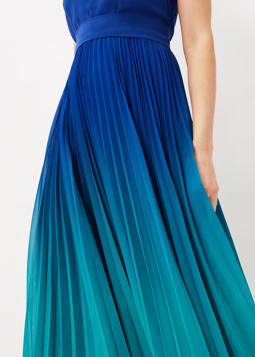 Cobalt Blue Ombre Midi Dress with Pleated Skirt - Cobalt/Malachite