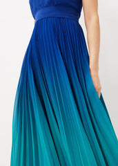 Cobalt Blue Ombre Midi Dress with Pleated Skirt - Cobalt/Malachite