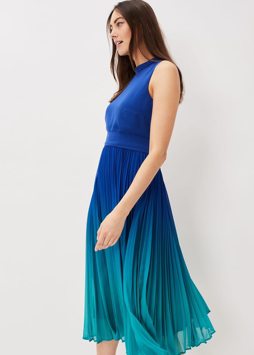 Cobalt Blue Ombre Midi Dress with Pleated Skirt - Cobalt/Malachite