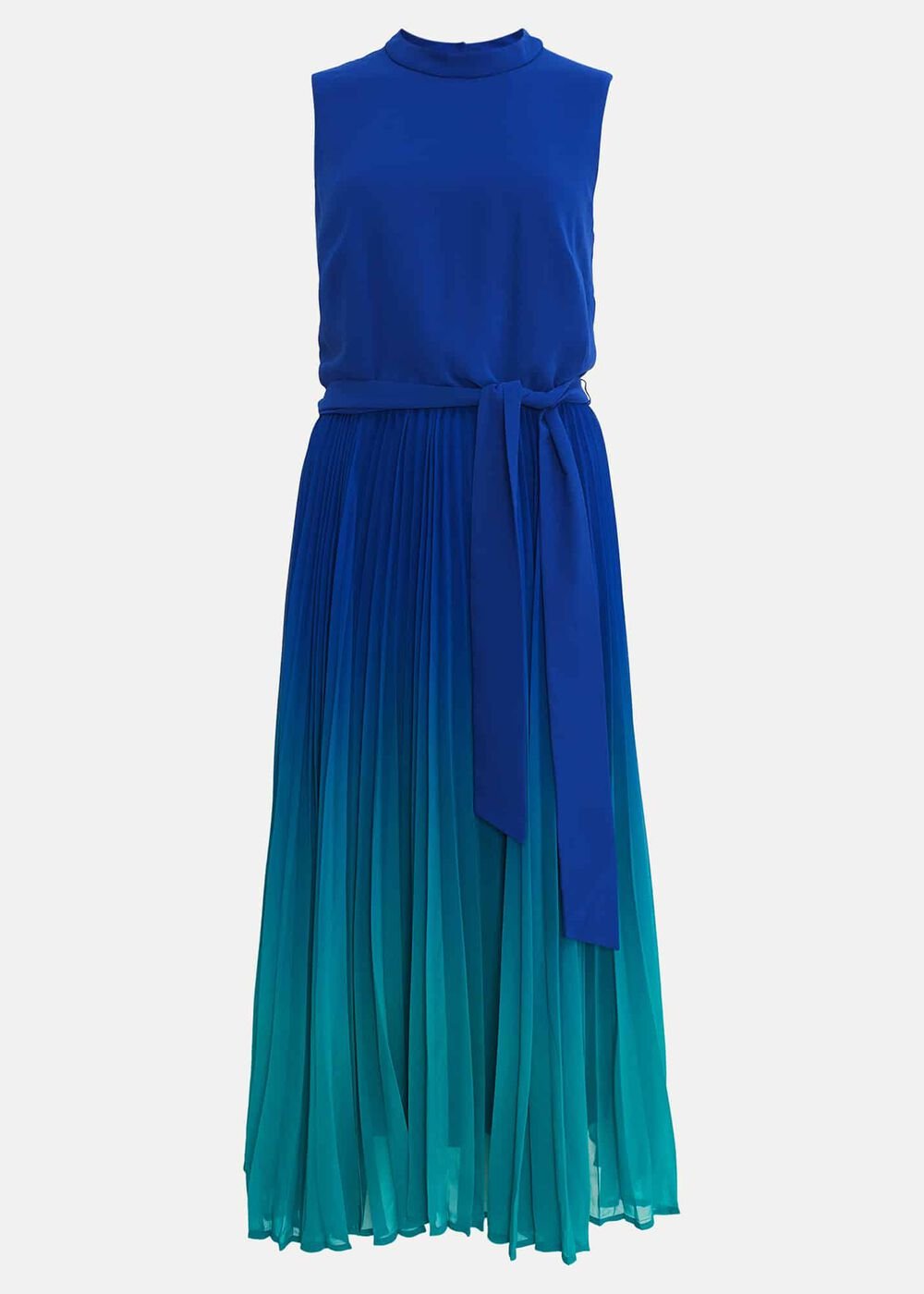 Cobalt Blue Ombre Midi Dress with Pleated Skirt - Cobalt/Malachite