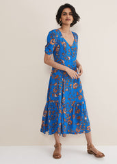 Adriel Paisley Midi Dress - Blues/Orange