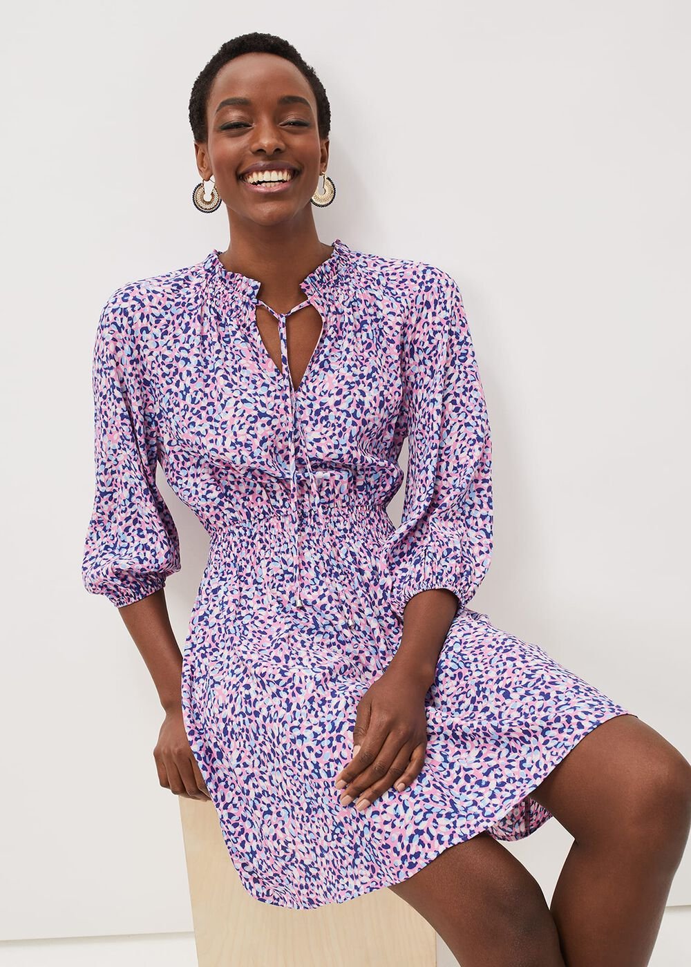 Phillipa Almond Print Short Dress - Pink Multi