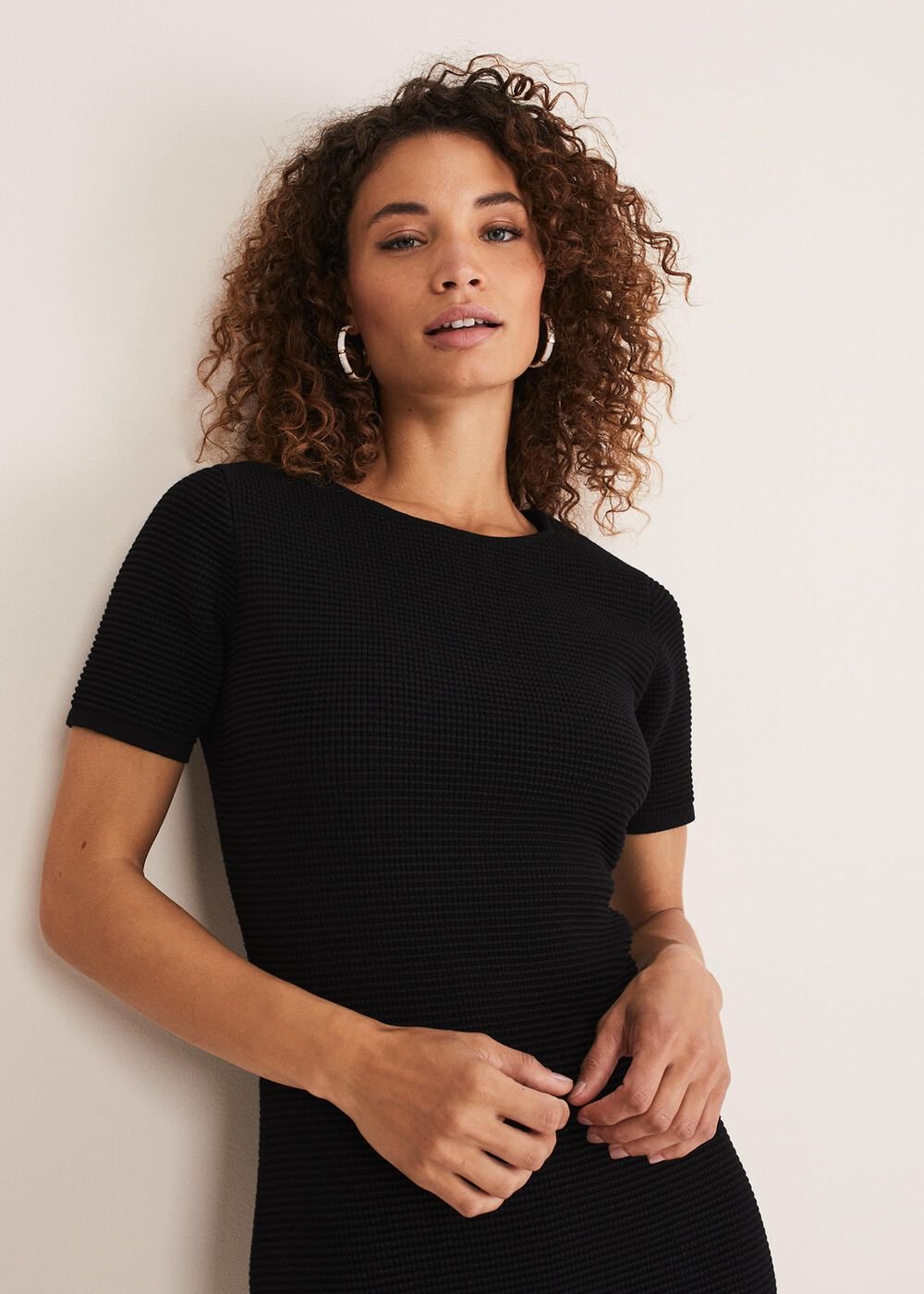 Elsa Ribbed Short Sleeve T-Shirt Dress - Black