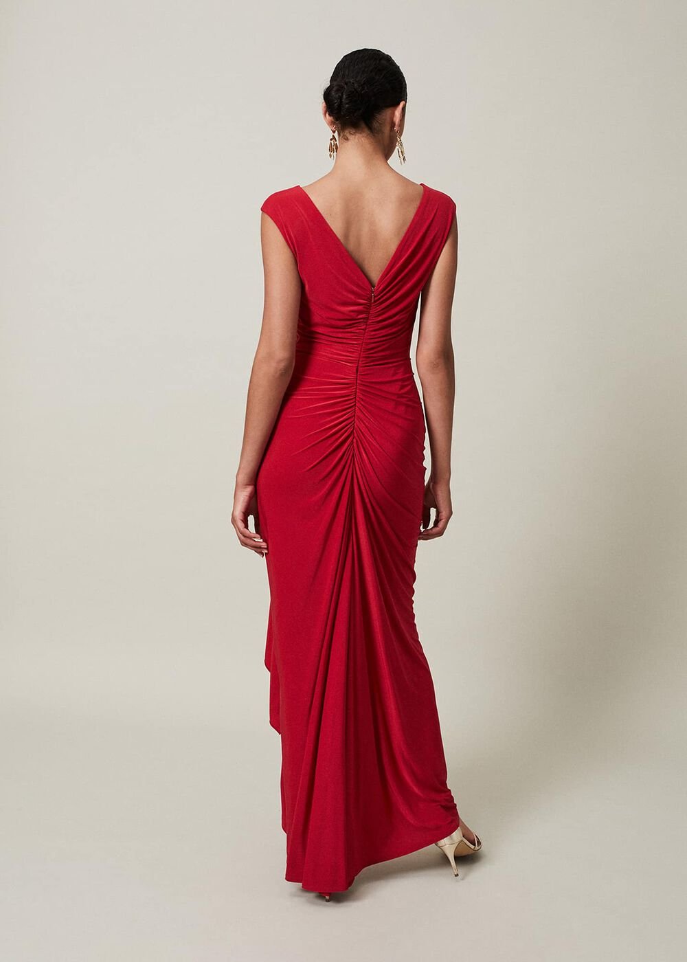 Red Asymmetrical Evening Gown with Ruched Detailing - Scarlet