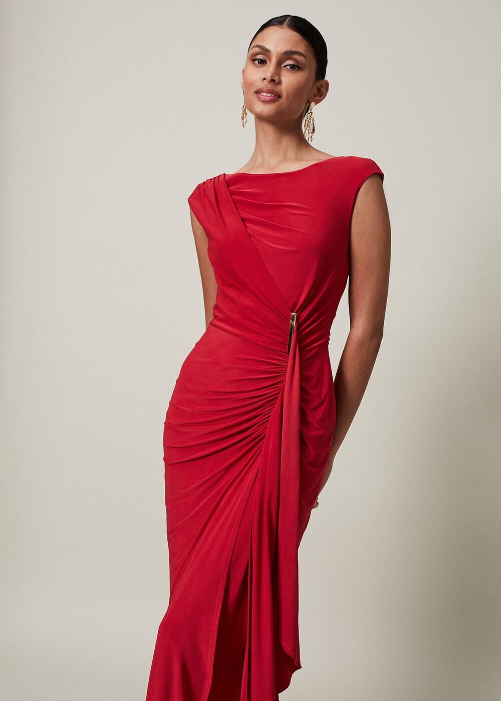 Red Asymmetrical Evening Gown with Ruched Detailing - Scarlet