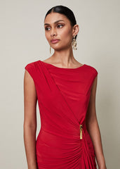 Red Asymmetrical Evening Gown with Ruched Detailing - Scarlet