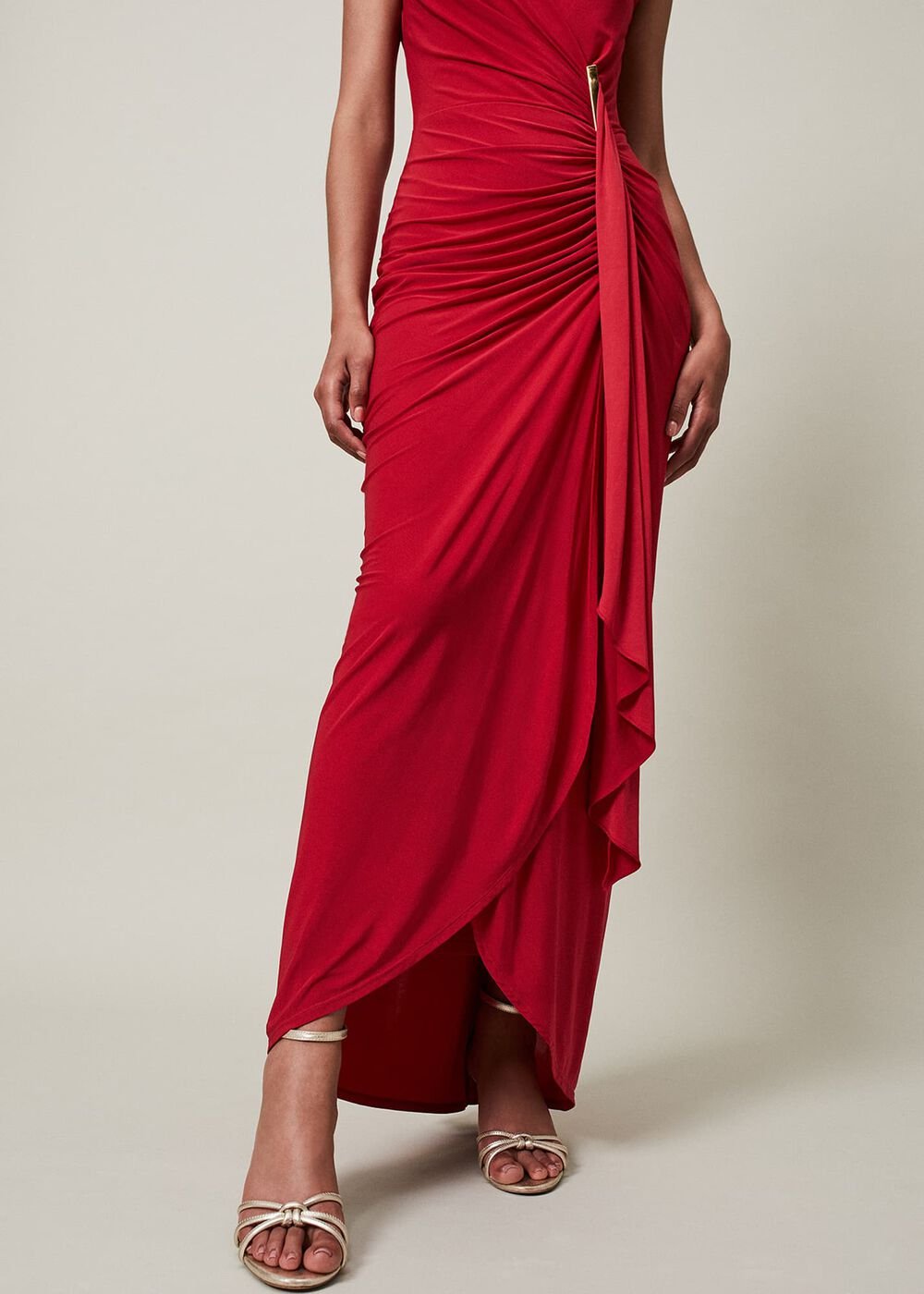 Red Asymmetrical Evening Gown with Ruched Detailing - Scarlet