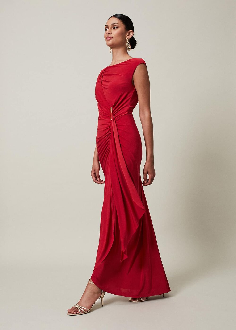 Red Asymmetrical Evening Gown with Ruched Detailing - Scarlet