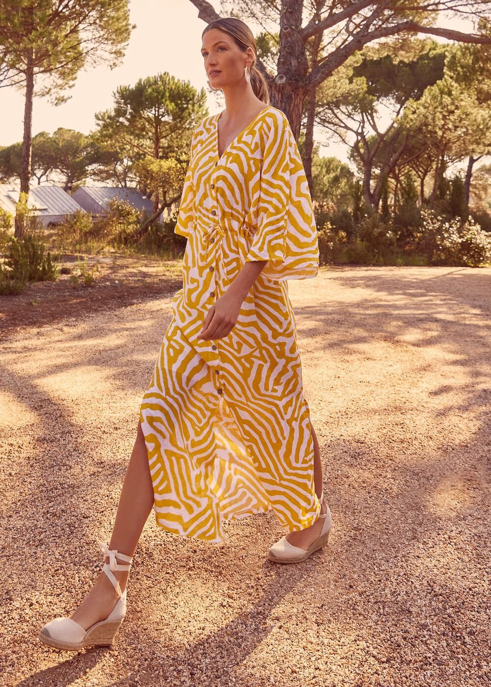 Dena Linen Zebra Print Maxi Dress - Yellow/White