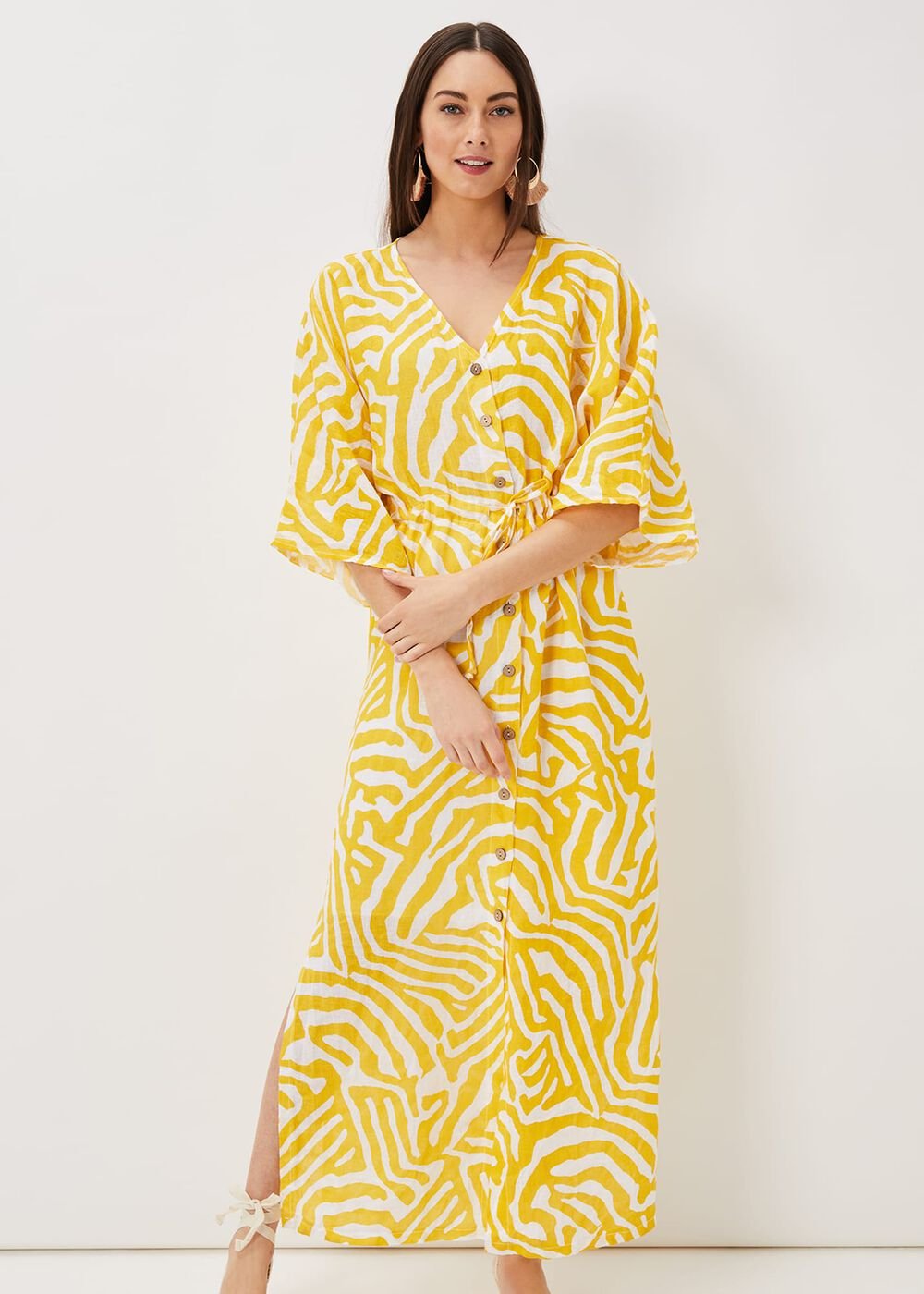 Dena Linen Zebra Print Maxi Dress - Yellow/White