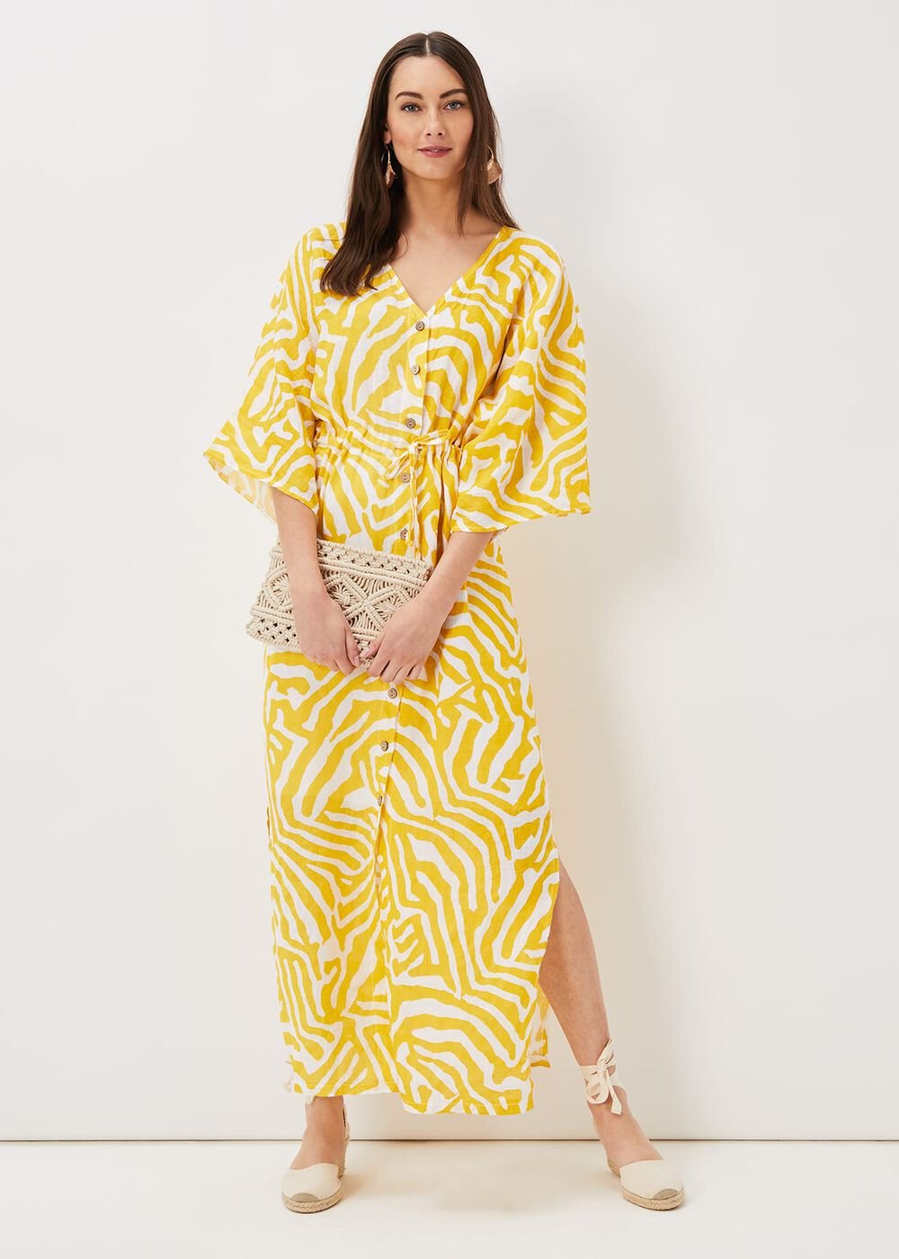 Dena Linen Zebra Print Maxi Dress - Yellow/White