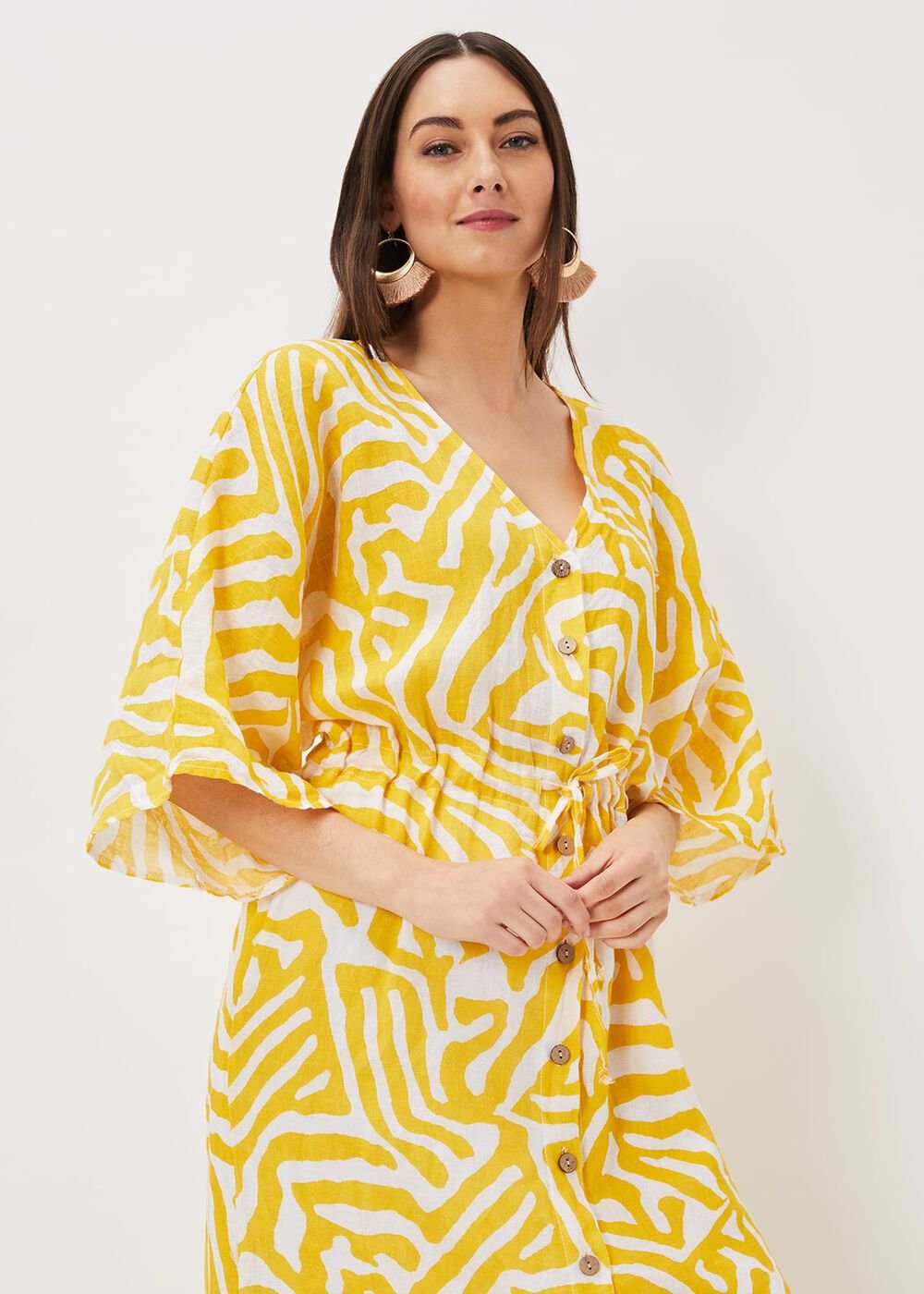 Dena Linen Zebra Print Maxi Dress - Yellow/White