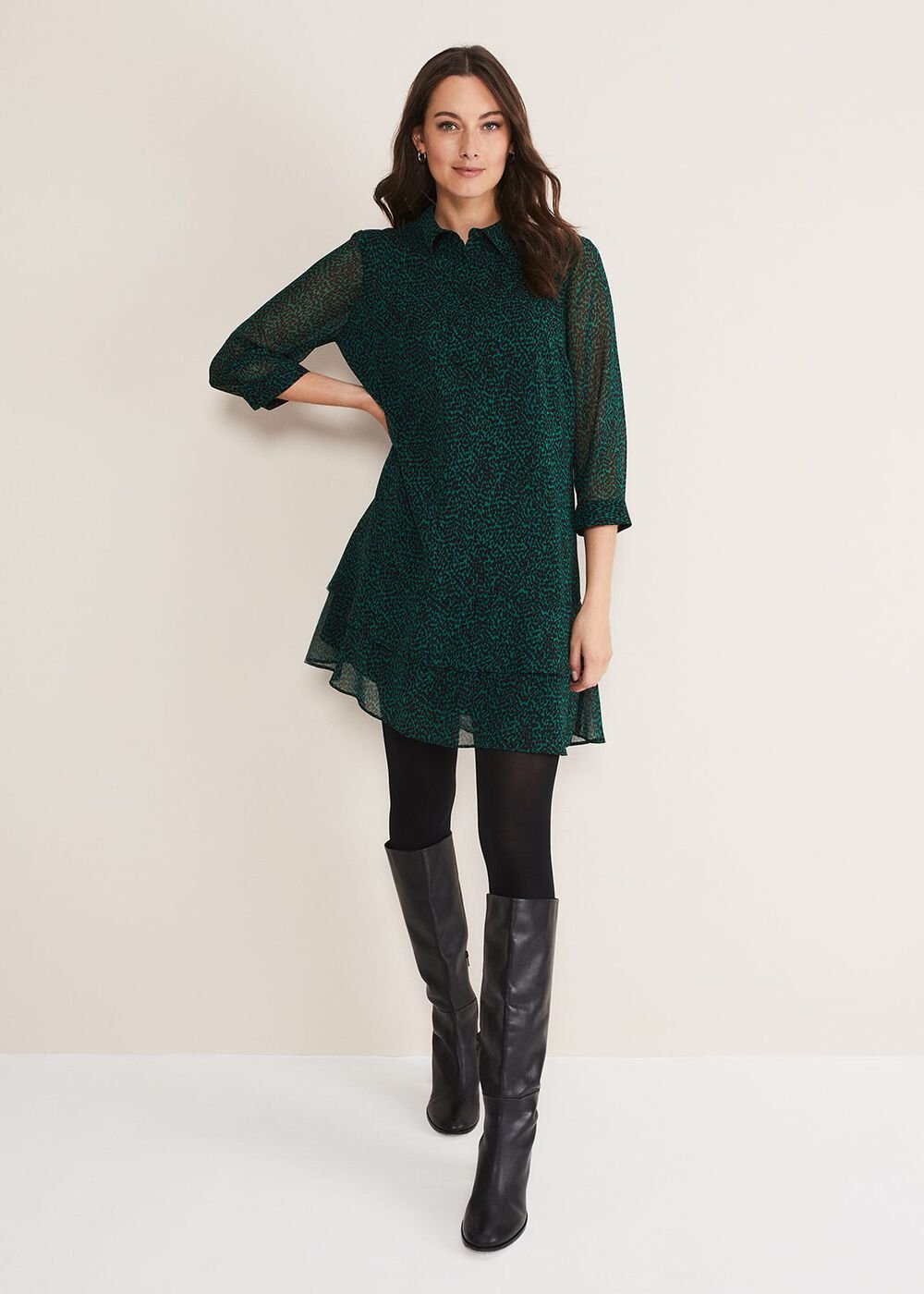 Penelope Chiffon Tiered Mini Dress - Green/Black