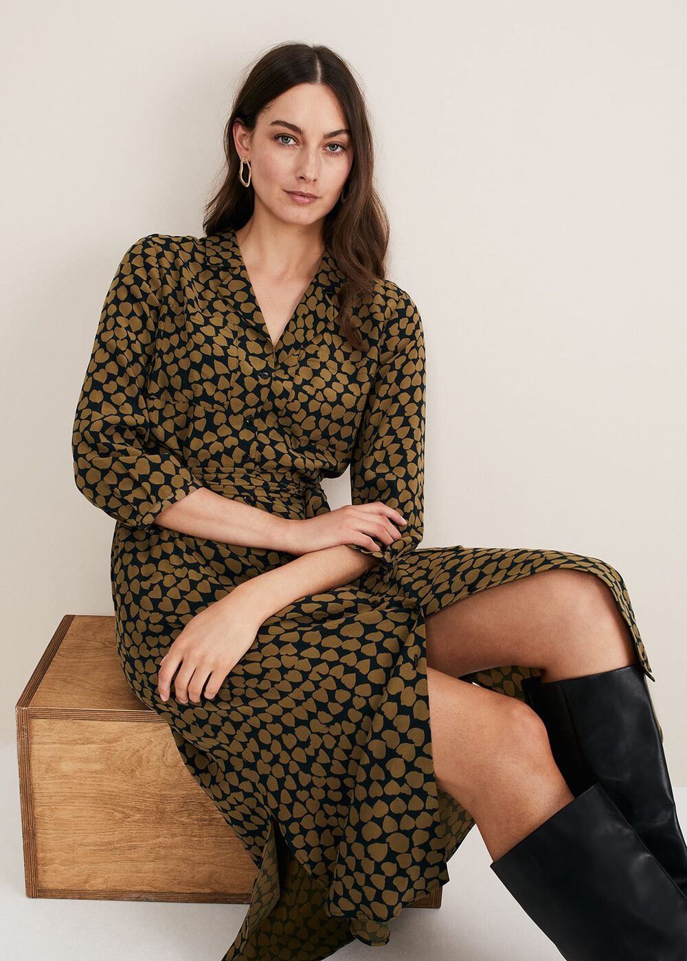 Kesia Hearts Swing Dress - Khaki/Black