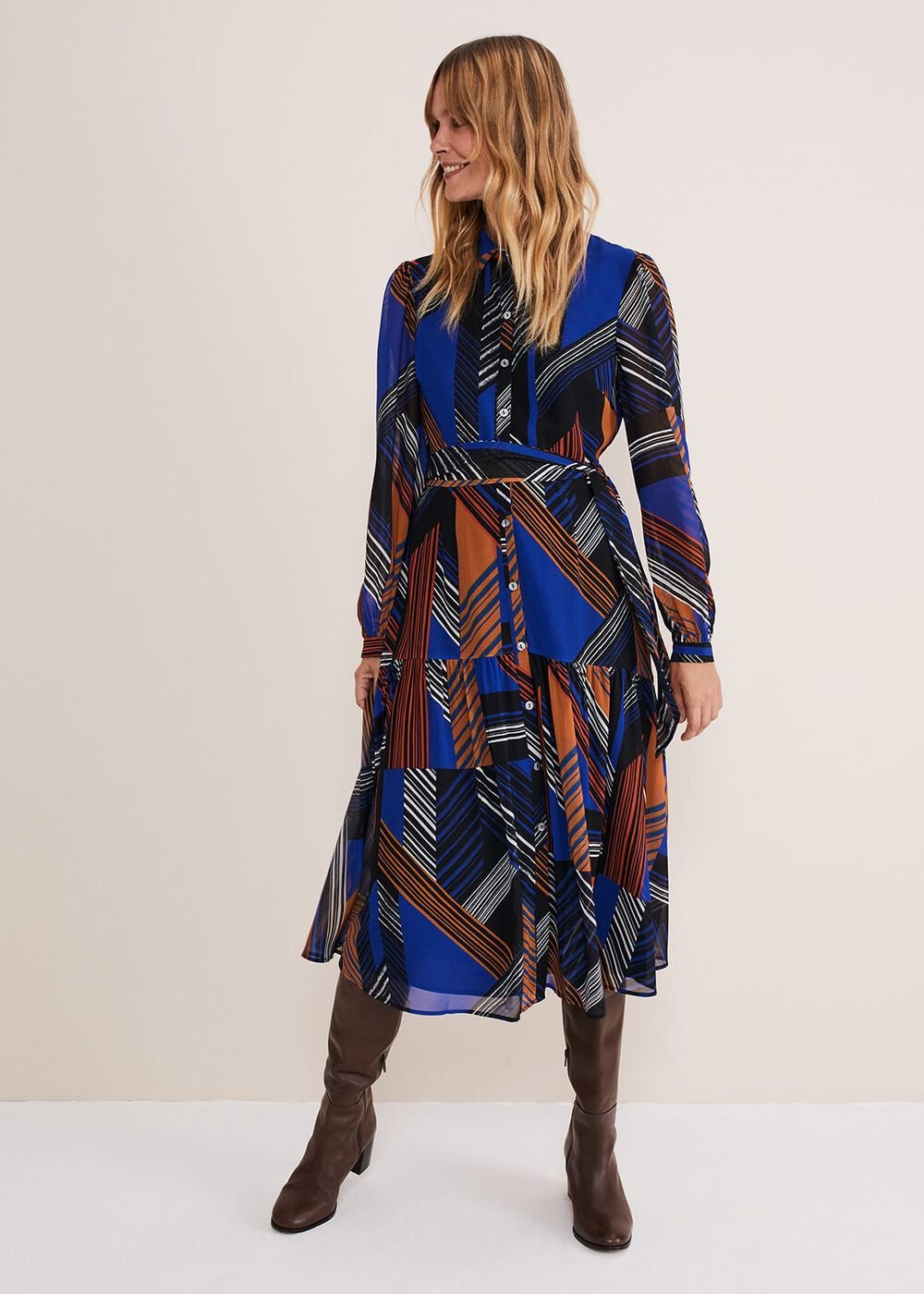 Chantilly Chiffon Shirt Dress - Ochre/Blue/White