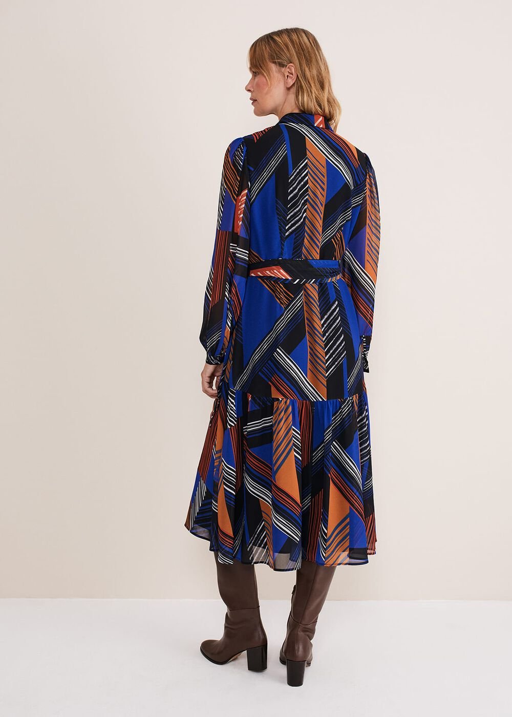 Chantilly Chiffon Shirt Dress - Ochre/Blue/White