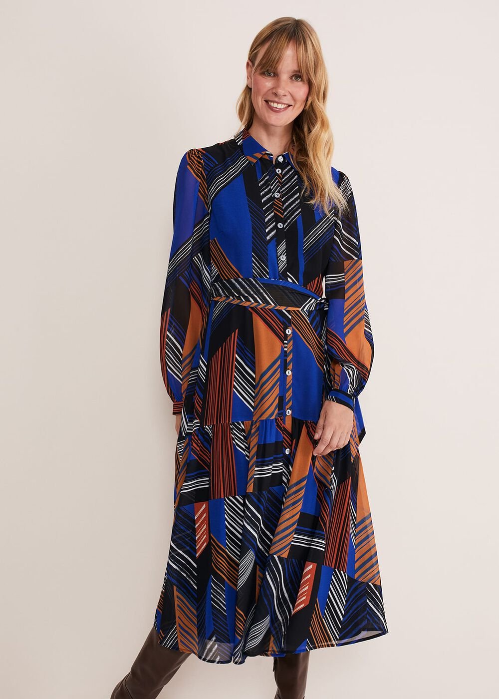 Chantilly Chiffon Shirt Dress - Ochre/Blue/White