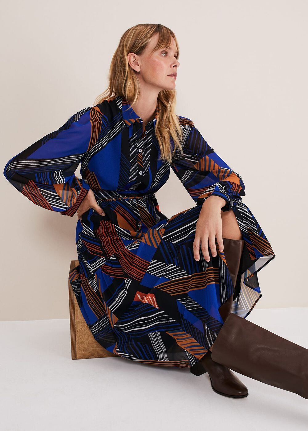 Chantilly Chiffon Shirt Dress - Ochre/Blue/White