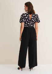 Paulina Puff Sleeve Animal Jumpsuit - Black/Multi