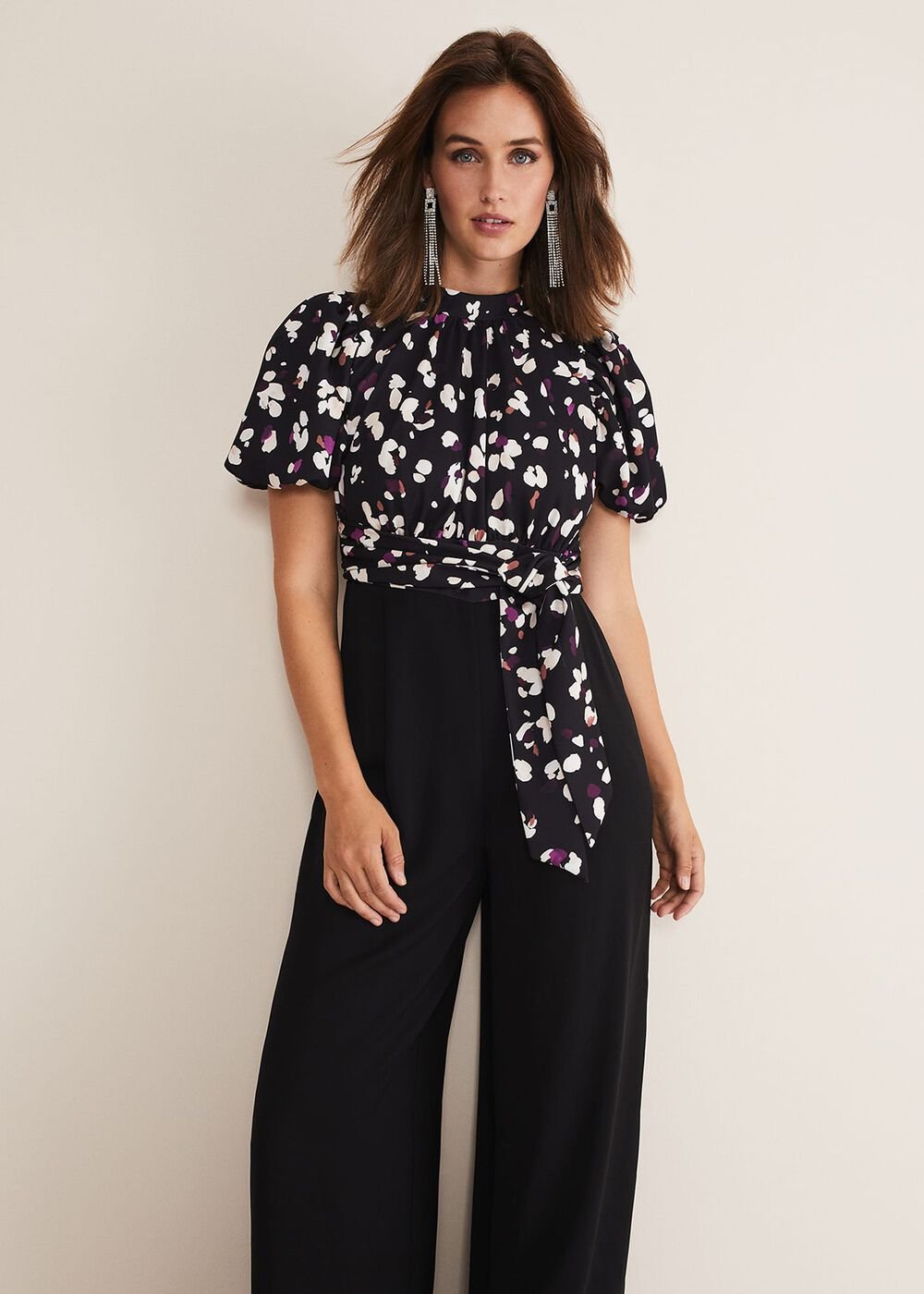 Paulina Puff Sleeve Animal Jumpsuit - Black/Multi