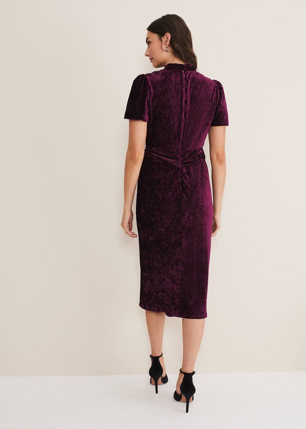 Kaylee Velvet Pleat Dress - BLUE/CAMEL/PINK