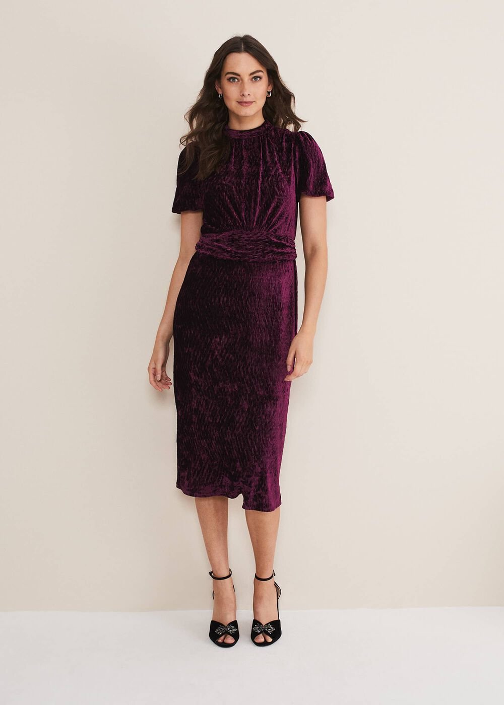 Kaylee Velvet Pleat Dress - BLUE/CAMEL/PINK