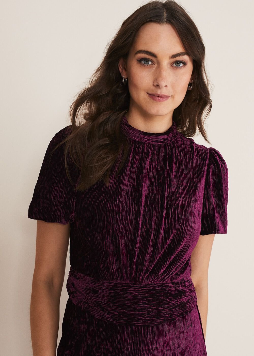 Kaylee Velvet Pleat Dress - BLUE/CAMEL/PINK