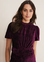 Kaylee Velvet Pleat Dress - BLUE/CAMEL/PINK