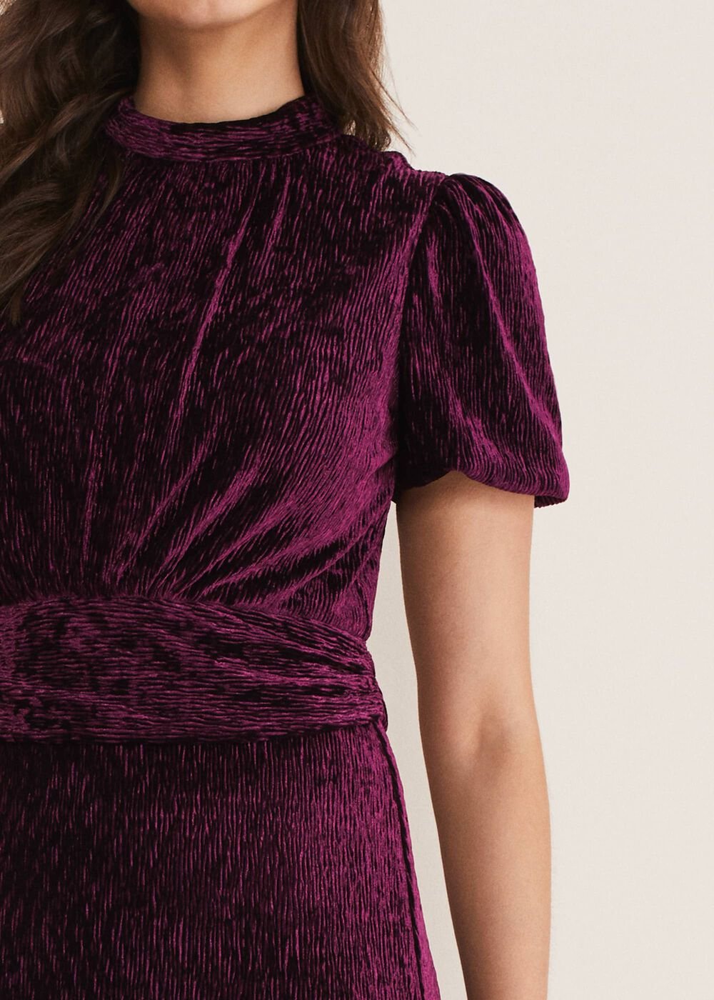 Kaylee Velvet Pleat Dress - BLUE/CAMEL/PINK