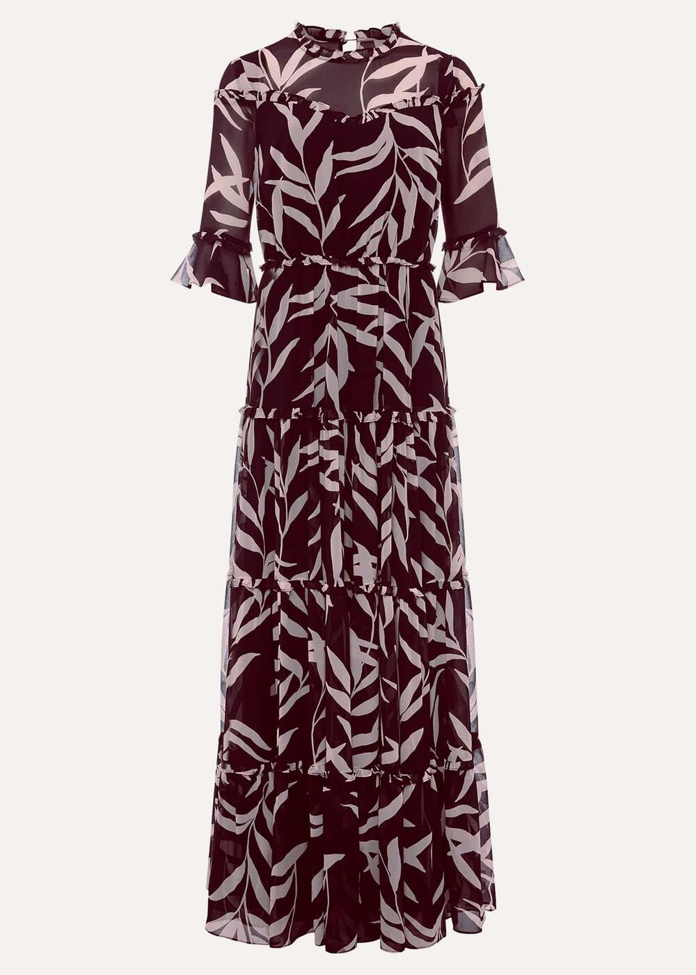 Amber Leaf Print Tiered Dress - Black/Blush