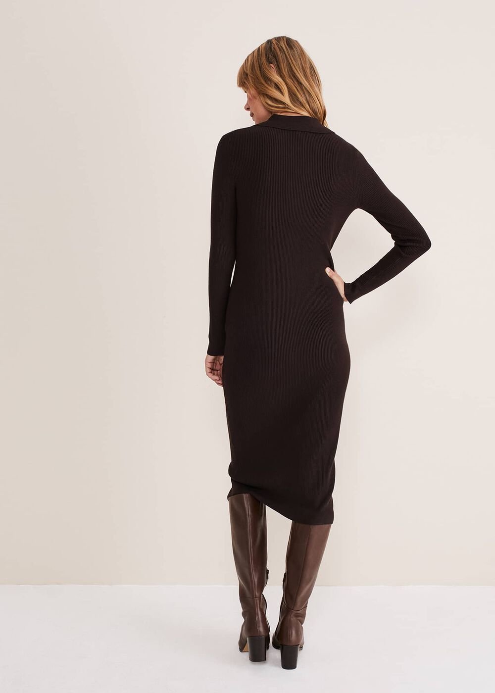 Rosa Ribbed Button Through Dress - Chocolate