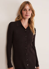 Rosa Ribbed Button Through Dress - Chocolate