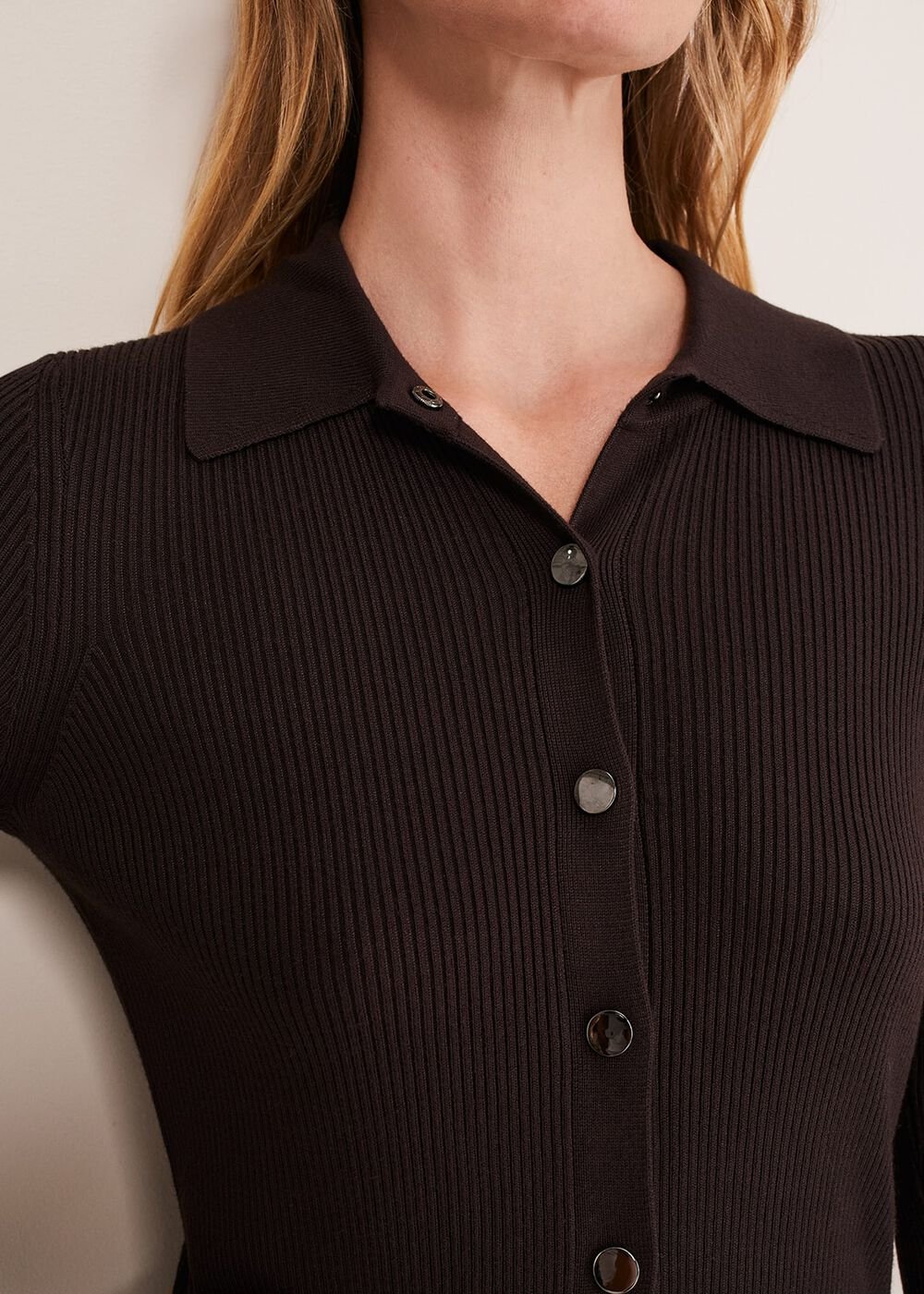 Rosa Ribbed Button Through Dress - Chocolate