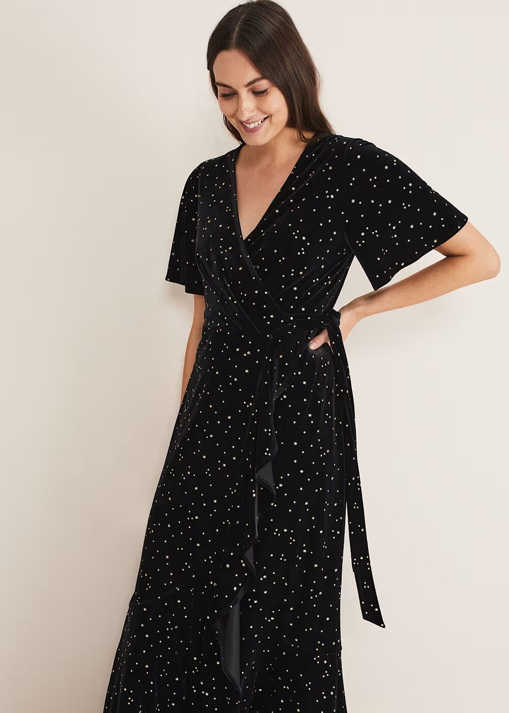 Holly Velvet Star Wrap Maxi Dress - Black