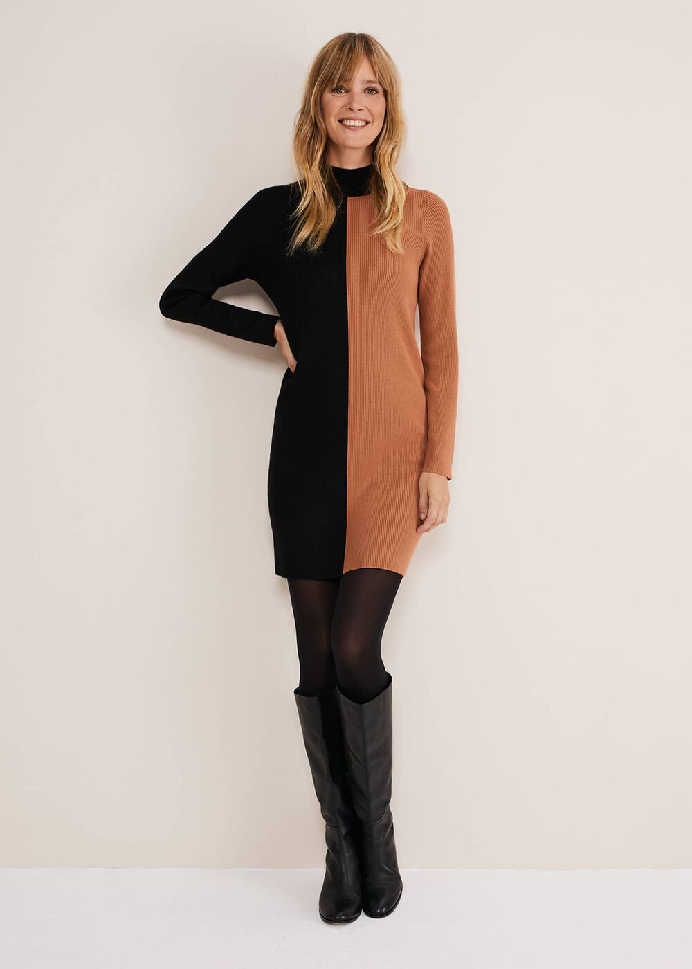 Eris Ribbed Colour Block Knit Tunic - Amber/Black