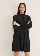 Kirsta Flock Velvet Swing Dress - Black