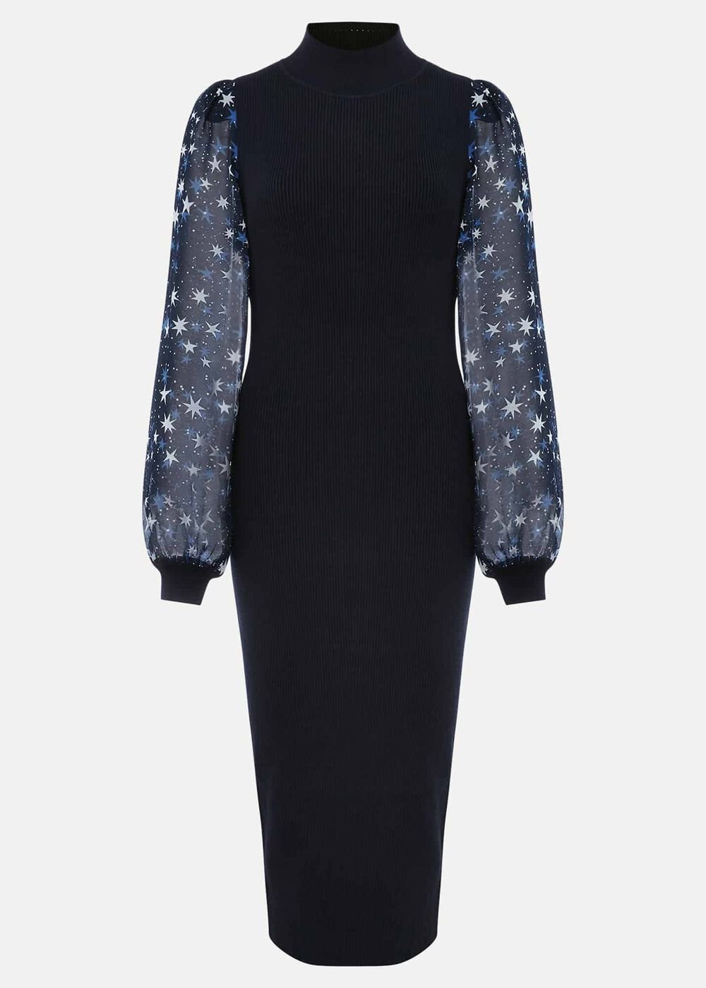 Elmina Woven Sleeve Star Knit Dress - Navy